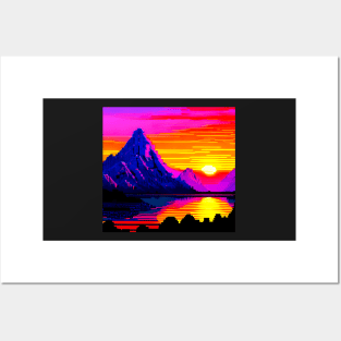 Retro pixelart nostalgic sunset in the mountains Posters and Art